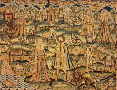Panneau de broderie montrant des personnes, des fleurs, des insectes, des poissons et des animaux, 17ème siècle - Unbekannt