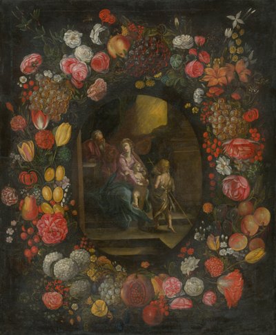 Famille dans une guirlande de fleurs et de fruits - Unbekannt
