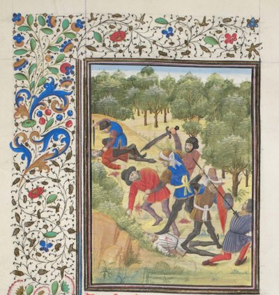 Combat dans un bois entre chrétiens et sarrasins. Miniature de l