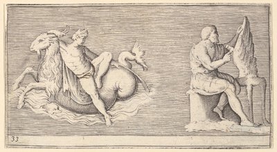 Figure sur un capricorne, homme sculptant une aile, publié vers 1599-1622 - Unbekannt