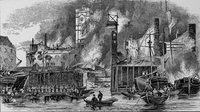 Incendie à Toppings Wharf, London Bridge, 1843, vers 1843, 1912 - Unbekannt