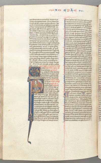 Fol. 450v, Éphésiens, initiale historiée P, Paul assis avec une épée, le buste de Dieu au-dessus, vers 127 - Unbekannt