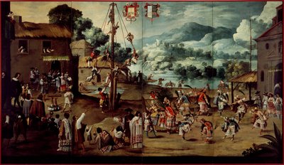 Paravent avec mariage indien et mât volant (Biombo con desposorio indígena y palo volador) - Unbekannt