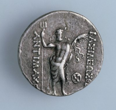 Pièce de quatre drachmes, revers représentant le dieu grec Poséidon représentant le dieu indien portant un trident Siva, du Royaume grec de Bactriane, 2e siècle av. J.-C. (argent) - Unbekannt