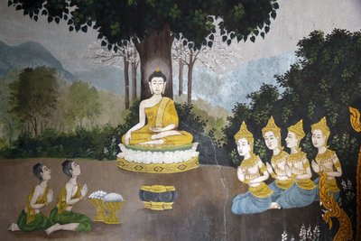 Fresque représentant une scène de la vie du Bouddha à Wat Phra Doi Suthep, Chiang Mai. Bouddha recevant des aumônes. Thaïlande - Unbekannt