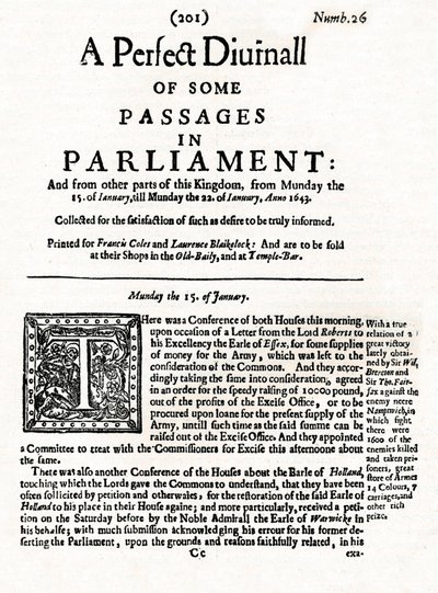 Première page de A Perfect Diurnall of Some Passages in Parliament, 1643, 1905 - Unbekannt