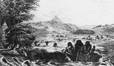 Fuegiens à Woollya, avec le camp de l