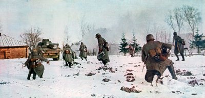 Fantassins allemands suivant un char vers Moscou dans la neige, Russie, 1941 - Unbekannt
