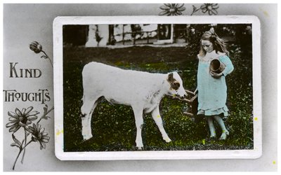 Fille sur le point de traire une vache, carte de vœux, vers 1890-1910 - Unbekannt