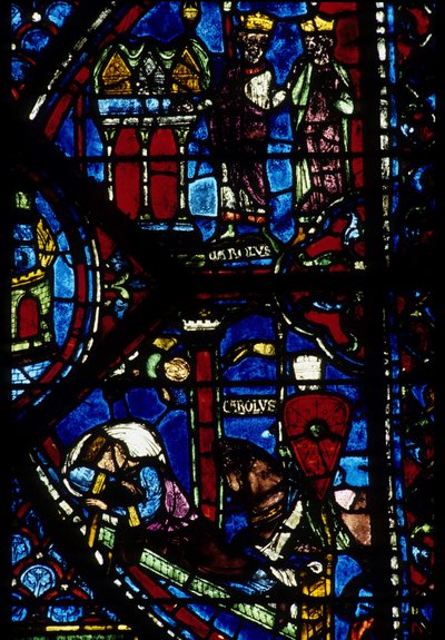 Architecture gothique. Histoire de Charlemagne (détail) : Charlemagne (742-814) reçoit 3 chasses (haut) et Vision de Constantin (I, empereur byzantin). Vitrail de l