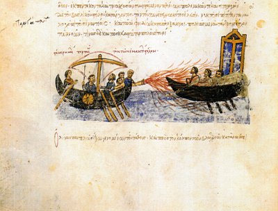 Feu grégeois. Miniature du Skylitzes de Madrid, 11ème-12ème siècle - Unbekannt