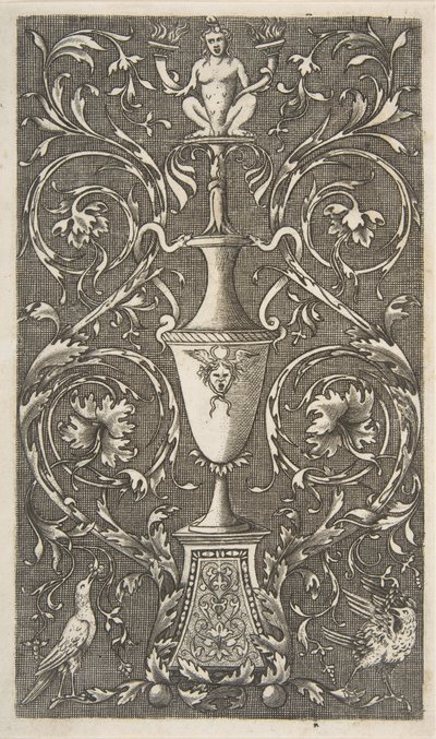 Grotesque avec un vase, des oiseaux et des volutes d