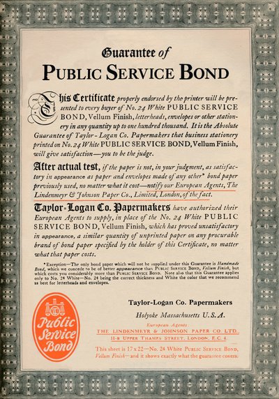 Garantie de service public - Publicité de Taylor-Logan Co. Papermakers, 1919 - Unbekannt