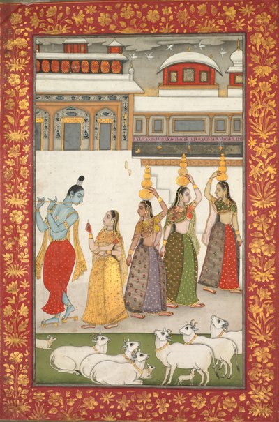 Gujari Ragini Krishna avec Gopis jouant de la flûte, d