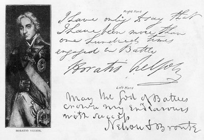 Écriture et signatures de Lord Nelson avant et après la perte de son bras droit, y compris sa dernière lettre avant la bataille de Trafalgar, écrite depuis le HMS 