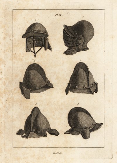 Casque avec mentonnière ouvrante vers le bas à la Tour de Londres 1, casque à double barre 2, et salet avec oreillettes 3-6 - Unbekannt