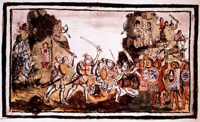 Hernando Cortes Cortez 1485-1547, conquistador espagnol, attaquant des indigènes au Mexique - Unbekannt