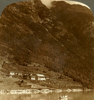 Ferme de Hogrending, nichée au pied des montagnes, sur la rive est du lac Loen, Norvège, vers 1905 - Unbekannt