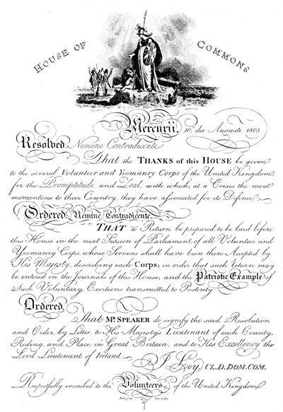 Résolution de la Chambre des communes remerciant le corps de la Yeomanry volontaire, vers 1905 - Unbekannt