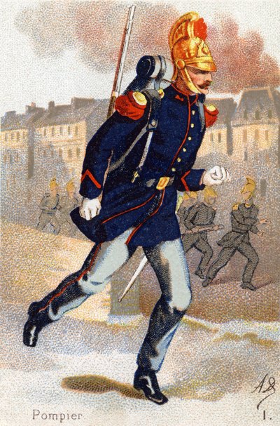 I : Pompier. Gravure dans « Alphabet militaire ». Initiales de l