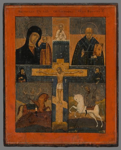 Icône - Crucifixion avec la Mère de Dieu de Kazan, Saint Nicolas, Saint Georges et Dimitri - Unbekannt