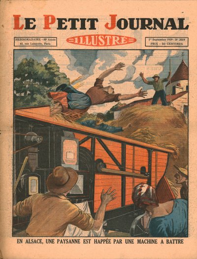 En Alsace, une paysanne est prise dans une batteuse, 1929 - Unbekannt