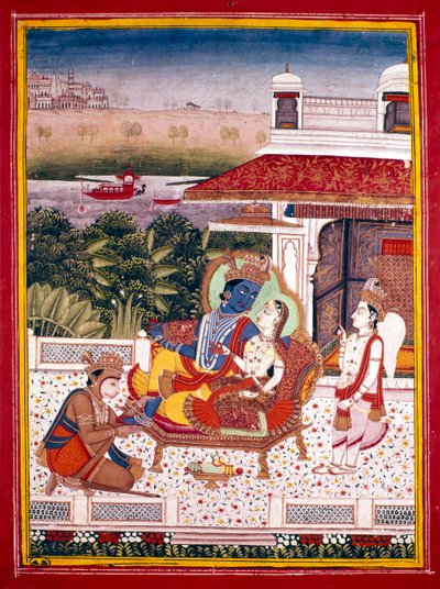 Miniature indienne montrant Krishna et une princesse sur un canapé - Unbekannt
