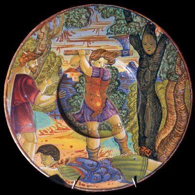 Assiette en terre cuite italienne, Erysichthon abattant un arbre dans le bosquet de Cérès, 16ème siècle - Unbekannt