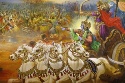 Temple hindou Jalaram Prathna, Leicester. Fresque. Krishna le cocher guidant Arjuna sur le champ de bataille de Kurukshetra. Royaume-Uni - Unbekannt
