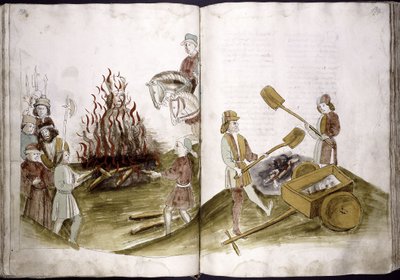 Jean Hus brûlé sur le bûcher le 6 juillet 1415 et ses cendres jetées dans le Rhin de : Chronique du concile d