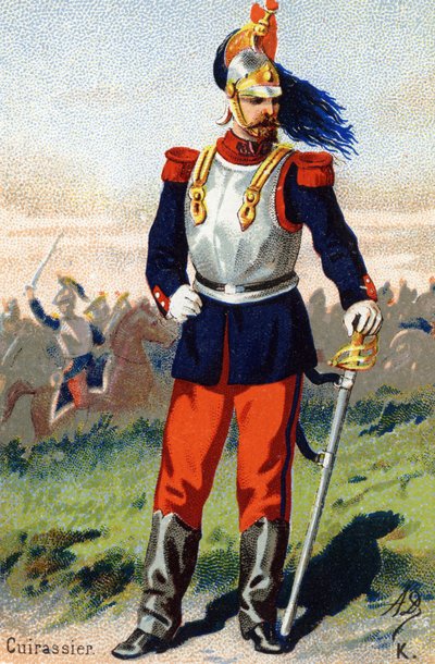 K : Cuirassier. Gravure dans "Alphabet militaire". Initiales de l