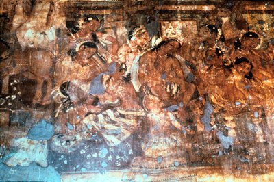 Le roi Mahajanaka écoutant la reine Vivali, fresque de la grotte d