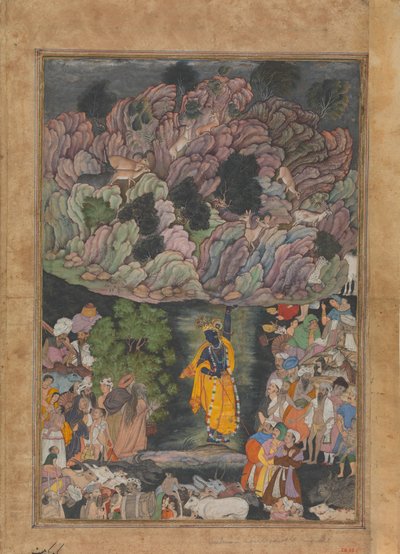 Krishna soulève le mont Govardhan pour abriter les villageois de Braj, Folio de..., ca. 1590-95 - Unbekannt