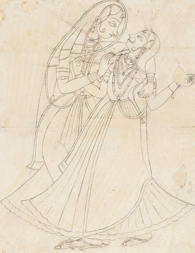 Krishna déguisé en femme embrassant Radha, XIXe siècle - Unbekannt