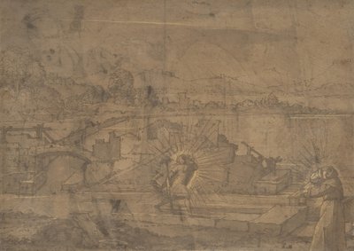 Paysage avec Saint Christophe et Saint monastique recto, XVIe siècle - Unbekannt