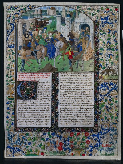 Feuille de la Chronique Universelle de Jehan de Courcy : Le roi Priam rencontre Hélène et Paris..., vers 1470 - Unbekannt