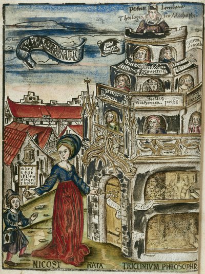 Les arts libéraux, la grammaire: Nicostrata (appelée Carmenta), tenant un hornbook, manuel pour l