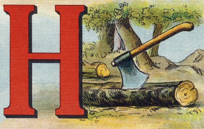Lettre H : hache. Gravure dans "Alphabet de ma petite fille". Bernardin-Bechet et Fils, libraires-éditeurs, Paris, vers 1895. Album incassable sur toile. Bibliothèque des Bébés. 12 pages. Album contenant une méthode de lecture et un abécédaire illustratif. - Unbekannt