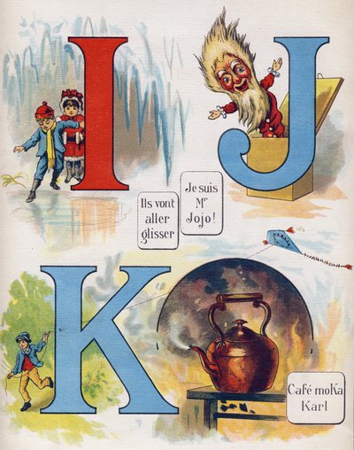 Lettre I, J et K : Ils vont glisser, je suis M. Jojo et le café Moka Karl. Gravure dans « ABC L