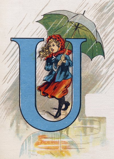 Lettre U : Ursule sous la pluie avec un parapluie. Gravure dans « ABC L
