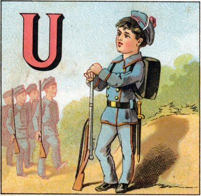 Lettre U comme uniforme. Écolier en costume militaire avec un fusil. Gravure dans "Alphabet des petits écoliers". Imagerie d