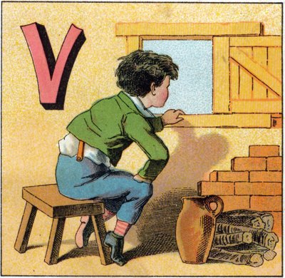 Lettre V comme vasistas. Enfant curieux regardant par une fenêtre. Gravure dans "Alphabet des petits écoliers". Imagerie d