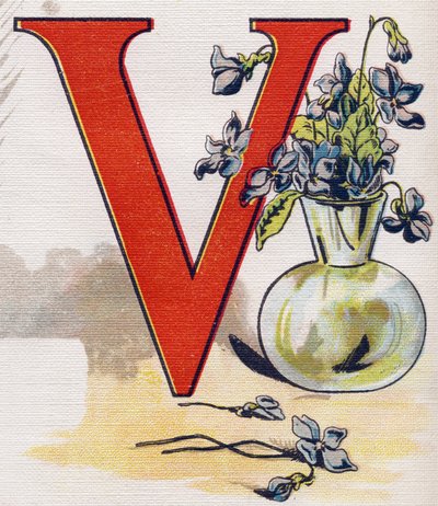 Lettre V : vase avec des violettes. Gravure dans "ABC L