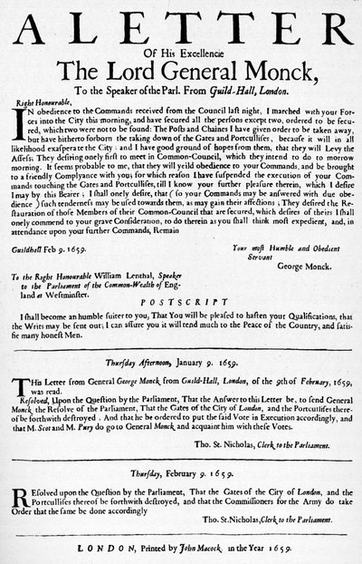 Lettre du général Monck au président de la Chambre des communes - Unbekannt