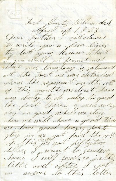 Lettre signée David T. Massey, Fort Curtis, Helena, Ark., à son père (Nathan Massey), 21 avril 1863 - Unbekannt