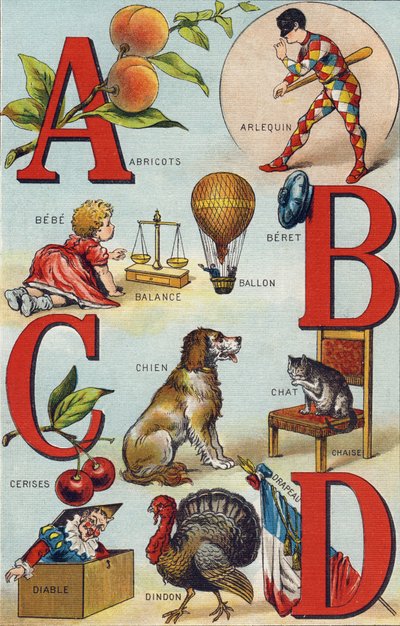 Lettres A B C D; Abricots; Arlequin; Balance; Ballon; Bébé; Cerises; Chat; Chaise; Chien; Couverture; Diable; Dinde; Drapeau. Gravure dans "Alphabet de ma petite fille". Bernardin-Bechet et Fils, libraires-éditeurs, Paris, vers 1895. Album incassable sur t - Unbekannt