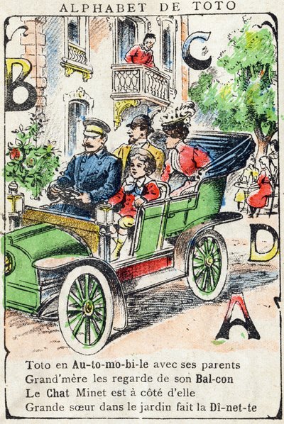 Lettres A B C D : voiture, balcon, chat, dinette. Gravure dans "Alphabet de Toto", fin du 19e siècle. Imagerie de Pont-à-Mousson. Louis Vagne, imprimeur-éditeur. 12 pages. Album publicitaire contenant un abécédaire illustré et une méthode de lecture simpli - Unbekannt