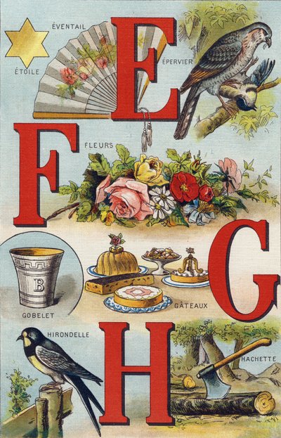 Lettres E F G H; Hirondelle; Éventail; Fleurs; Gâteaux; Tasse; Hachette; Hirondelle. Gravure dans "Alphabet de ma petite fille". Bernardin-Bechet et Fils, libraires-éditeurs, Paris, vers 1895. Album incassable sur toile. Bibliothèque des Bébés. 12 pages. A - Unbekannt