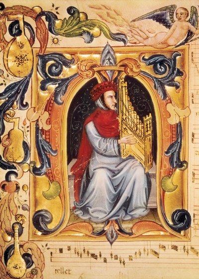 Lettrine avec un homme et un orgue commençant une partition du Codex Squarcialupi (par Antonio Squarcialupi) - Unbekannt