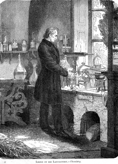 Liebig dans son laboratoire-Chimie, milieu du 19ème siècle vers 1885 - Unbekannt